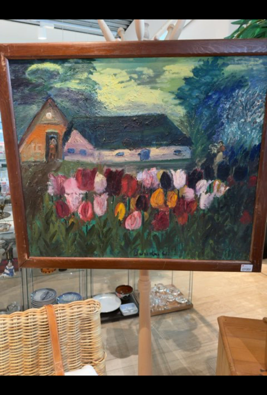 Maleri bondegård med tulipaner